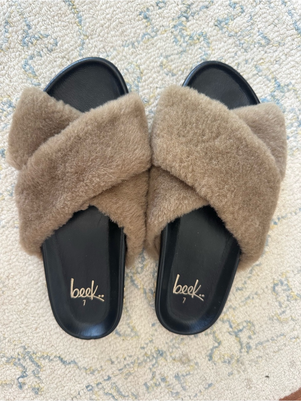 Beek Taupe Faux-Shearling Crisscross Slide Sandals